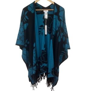 Chico's Floral Jacquard Knit Poncho Shawl Ruana Moonlit Teal L XL Fringe